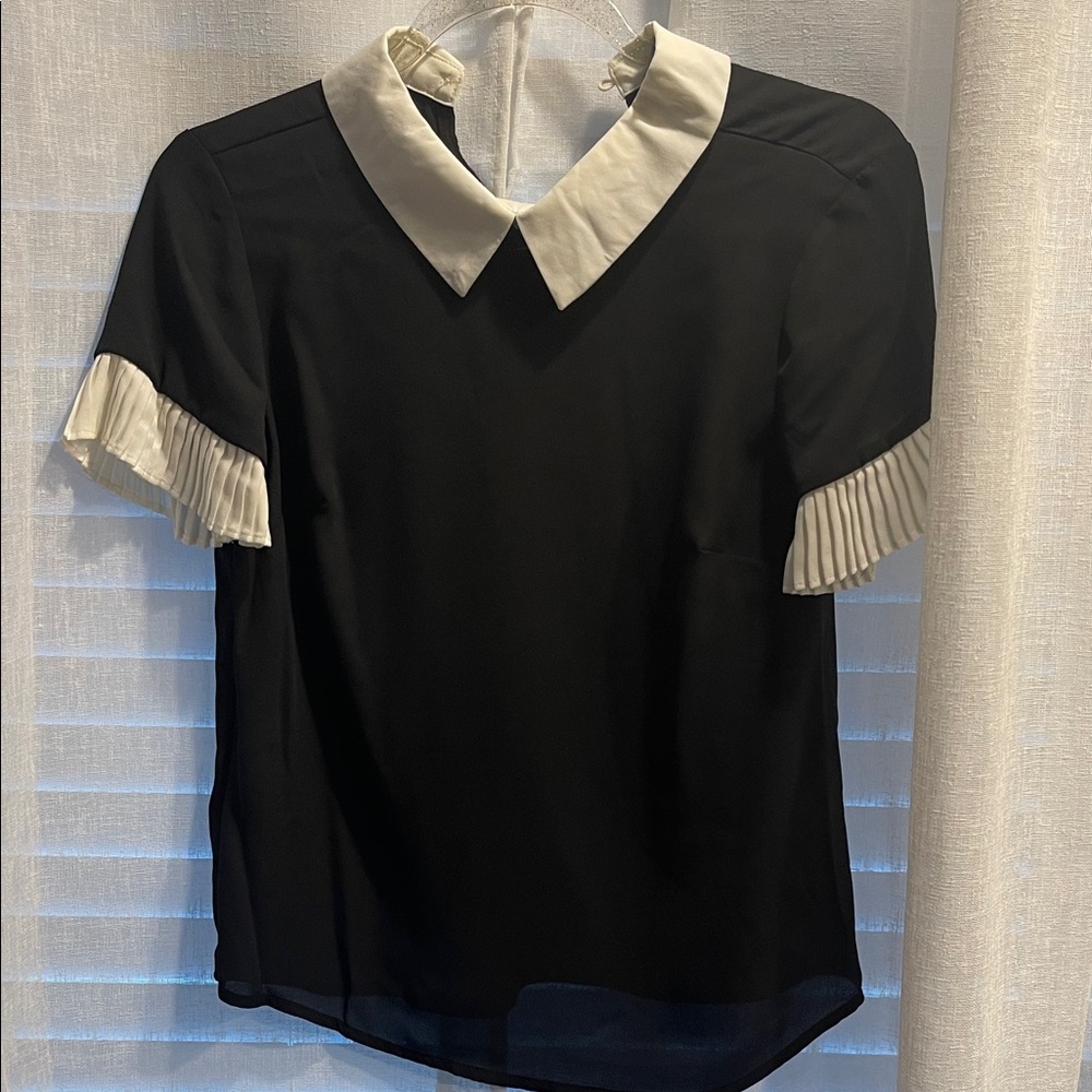 CeCe Black Blouse with White Pleated Accents